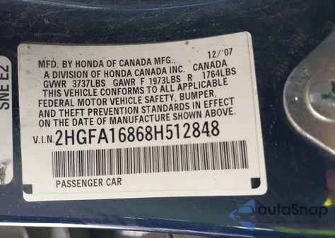 2008 Honda Civic Ex из США, поврежденный, VIN 2HGFA16868H512848